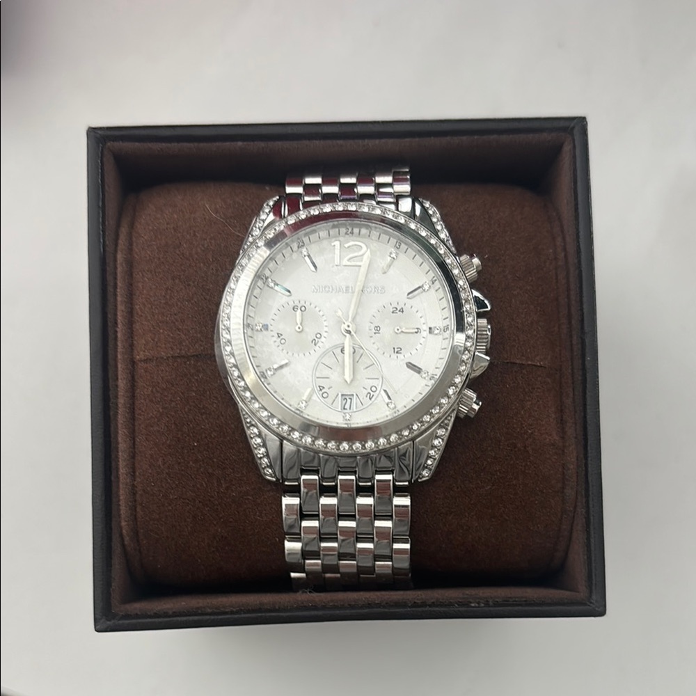 Michael Kors Silver Chronograph Watch with Crystal Bezel